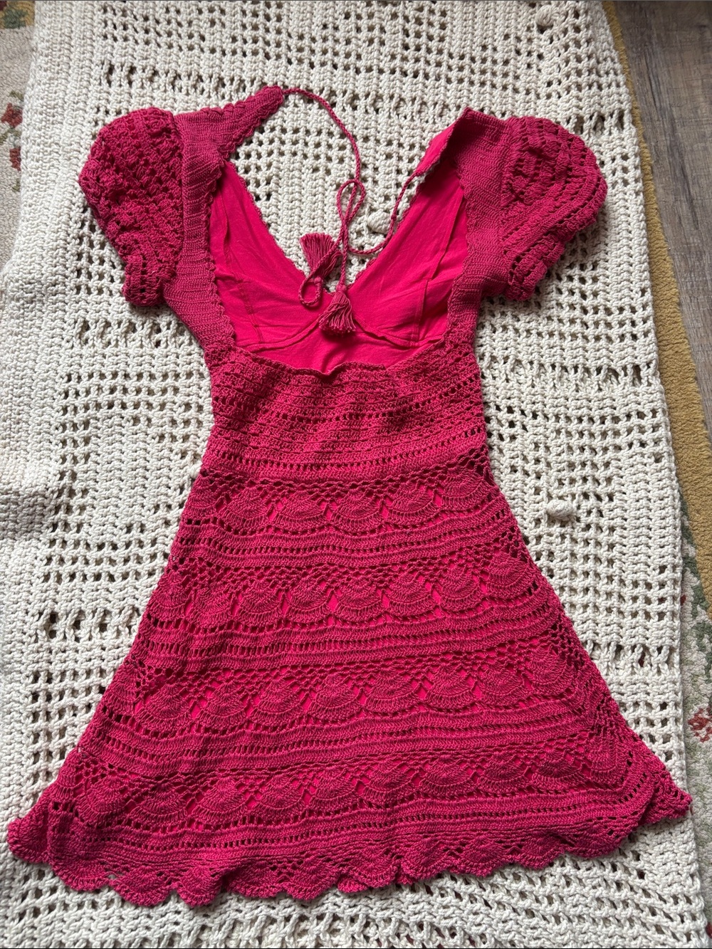 Crochet Deep V Mini Dress in Raspberry - Picture 4 of 5